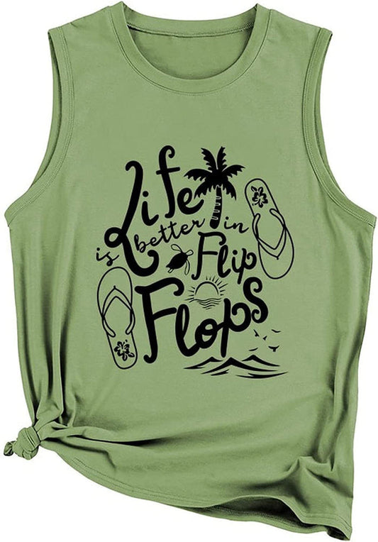 Women Summer Tank Tops Life is Better in Flip Flops Sleeveless Shirt