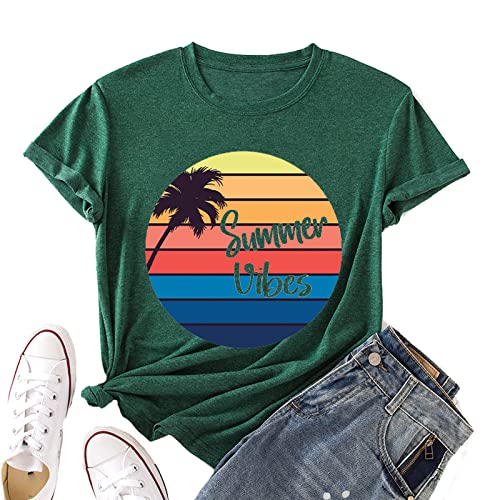 Women Summer Vibes Tee Shirt Women Summer Shirt Rainbow Graphic T-Shirt