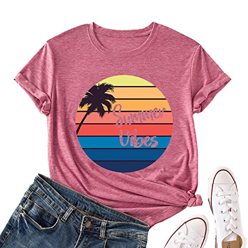 Women Summer Vibes Tee Shirt Women Summer Shirt Rainbow Graphic T-Shirt