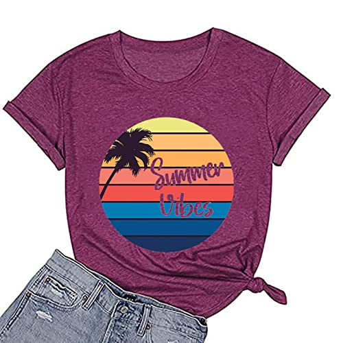 Women Summer Vibes Tee Shirt Women Summer Shirt Rainbow Graphic T-Shirt