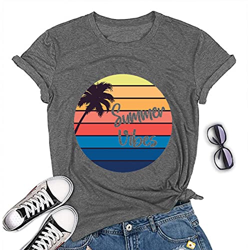 Women Summer Vibes Tee Shirt Women Summer Shirt Rainbow Graphic T-Shirt
