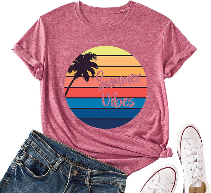 Women Summer Vibes Tee Shirt Women Summer Shirt Rainbow Graphic T-Shirt