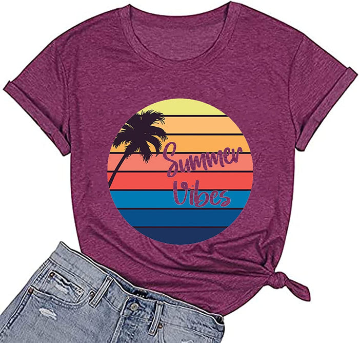 Women Summer Vibes Tee Shirt Women Summer Shirt Rainbow Graphic T-Shirt