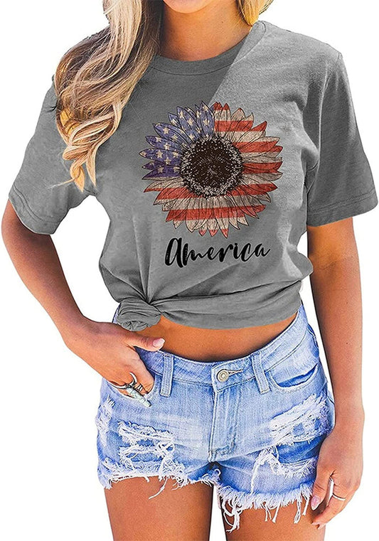Women Sunflower American Flag T-Shirt Sunflower Graphic Shirt