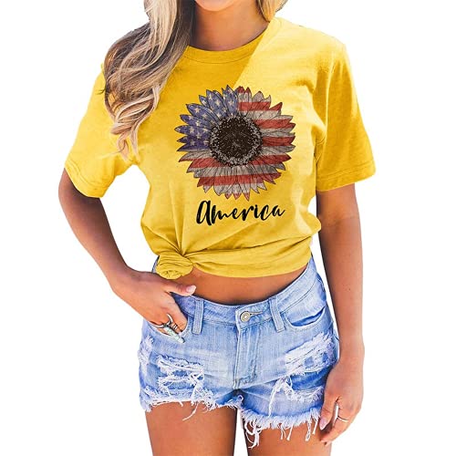 Women Sunflower American Flag T-Shirt Sunflower Graphic Shirt