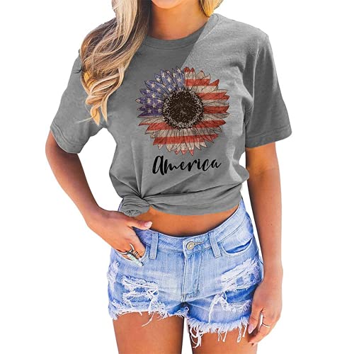 Women Sunflower American Flag T-Shirt Sunflower Graphic Shirt