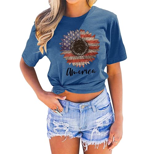 Women Sunflower American Flag T-Shirt Sunflower Graphic Shirt