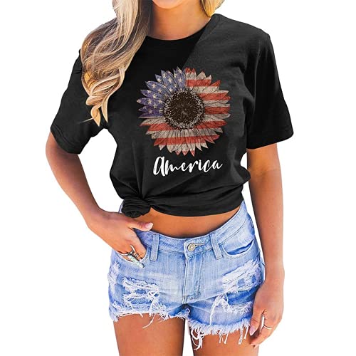 Women Sunflower American Flag T-Shirt Sunflower Graphic Shirt