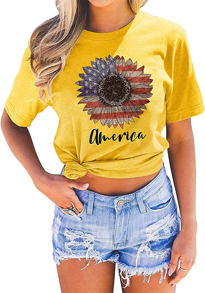 Women Sunflower American Flag T-Shirt Sunflower Graphic Shirt