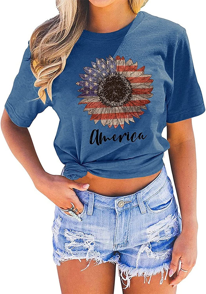 Women Sunflower American Flag T-Shirt Sunflower Graphic Shirt