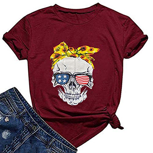 Women Sunflower Bandana Skull with America Flag Sunglasses T-Shirt Skull Shirt