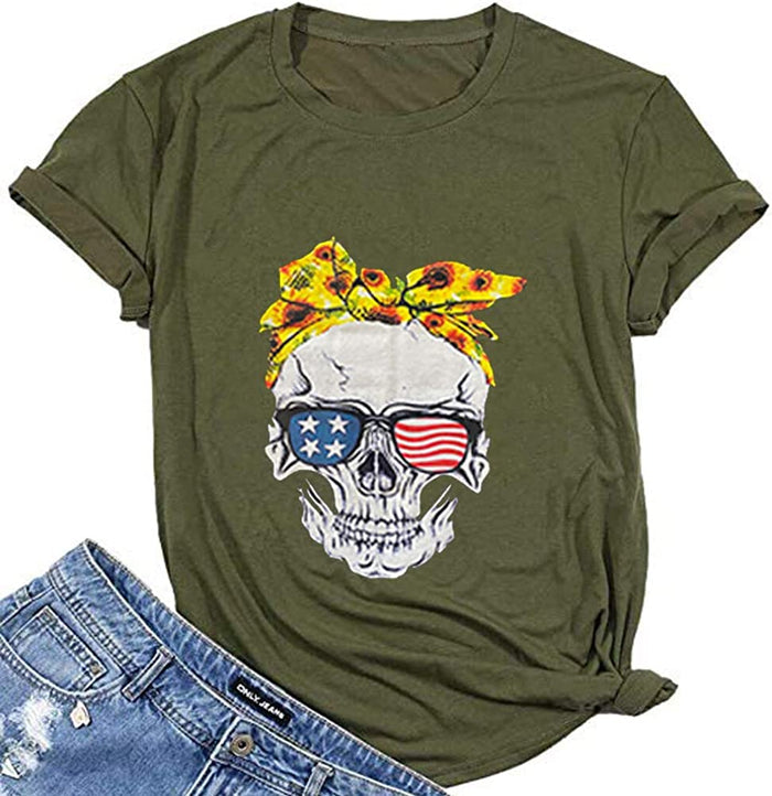 Women Sunflower Bandana Skull with America Flag Sunglasses T-Shirt Skull Shirt