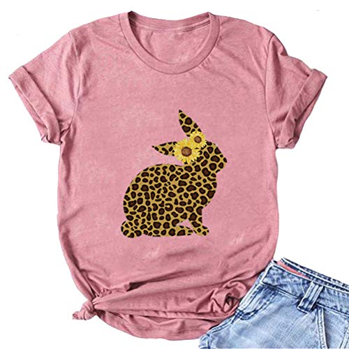 Women Sunflower Leopard Bunny Cute Easter T-Shirt