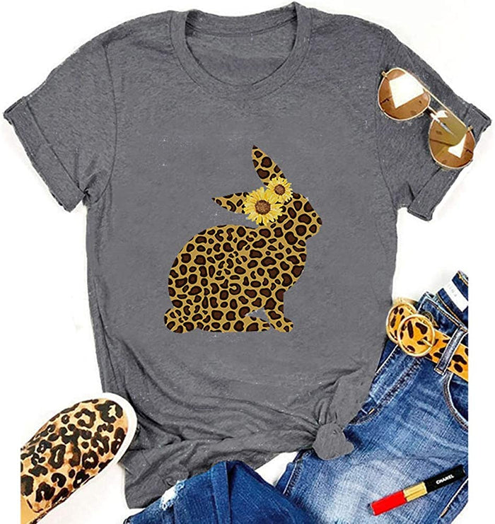 Women Sunflower Leopard Bunny Cute Easter T-Shirt