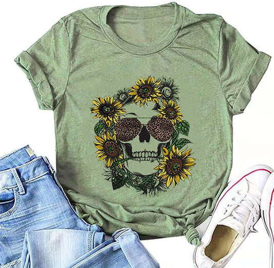 Women Sunflower Skull Leopard Skull T-Shirt
