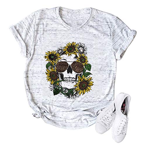 Women Sunflower Skull Leopard Skull T-Shirt