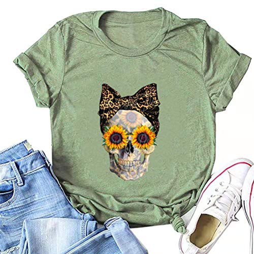 Women Sunflower Skull Leopard Skull T-Shirt