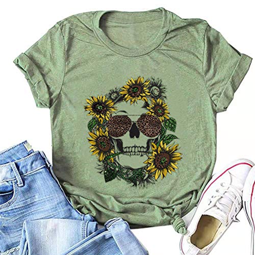 Women Sunflower Skull Leopard Skull T-Shirt