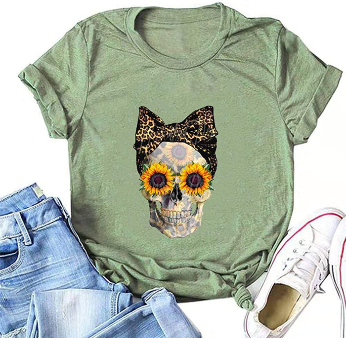Women Sunflower Skull Leopard Skull T-Shirt