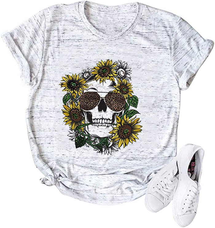 Women Sunflower Skull Leopard Skull T-Shirt