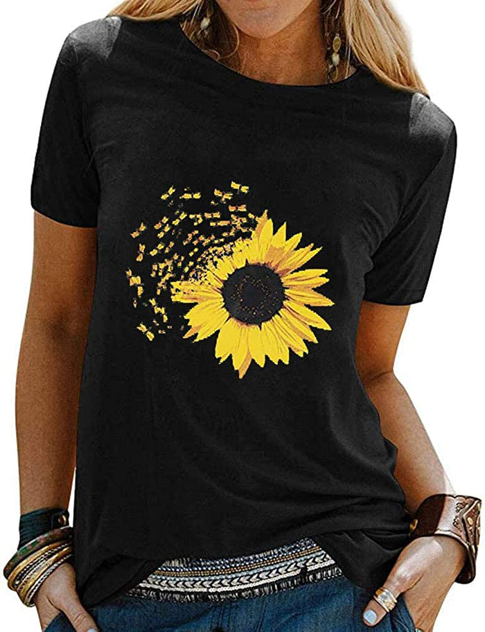 Women Sunflower T-Shirt Dragonfly Graphic Shirt