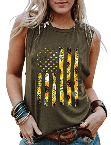 Women Sunflowers American USA Flag Patriotic Tank 4th of July Tank Top for Women