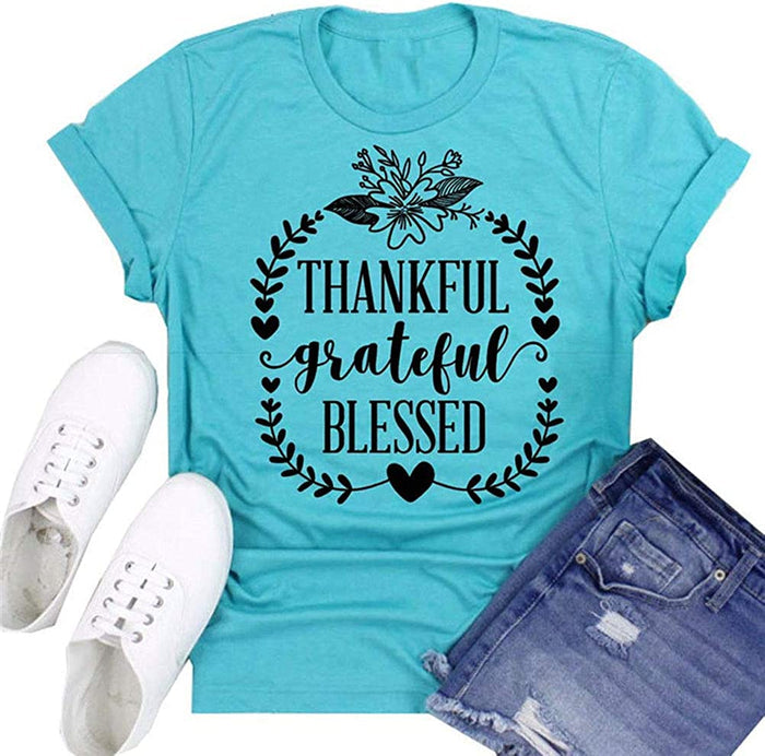 Women Thankful Grateful Blessed T-Shirt Thanksgiving Shirt