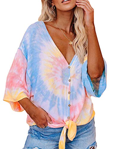 Women V Neck 3/4 Bat Sleeve Tie dye Blouse with Buttons