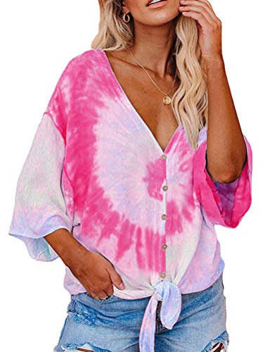 Women V Neck 3/4 Bat Sleeve Tie dye Blouse with Buttons