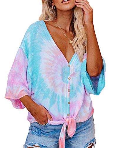 Women V Neck 3/4 Bat Sleeve Tie dye Blouse with Buttons