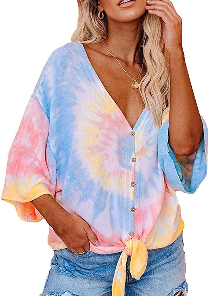 Women V Neck 3/4 Bat Sleeve Tie dye Blouse with Buttons
