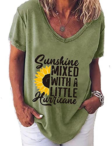Women V-Neck Sunshine Mixed with A Little Hurricane Women Graphic T-Shirt Sunflower Shirt