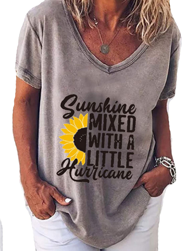 Women V-Neck Sunshine Mixed with A Little Hurricane Women Graphic T-Shirt Sunflower Shirt