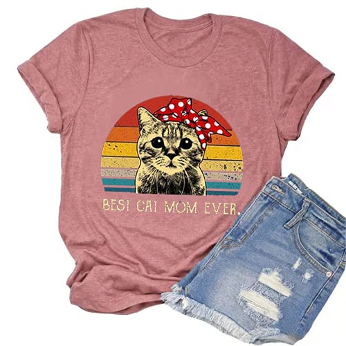 Women Vintage Best Cat Mom Ever T-Shirt Retro Gift Tee for Cat Lover