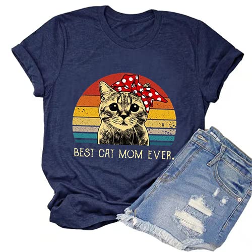 Women Vintage Best Cat Mom Ever T-Shirt Retro Gift Tee for Cat Lover