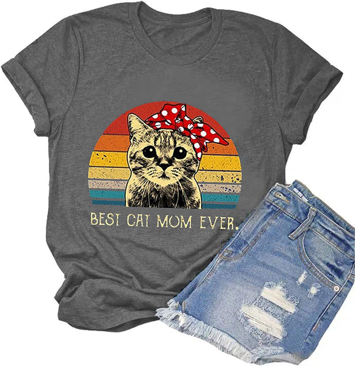 Women Vintage Best Cat Mom Ever T-Shirt Retro Gift Tee for Cat Lover