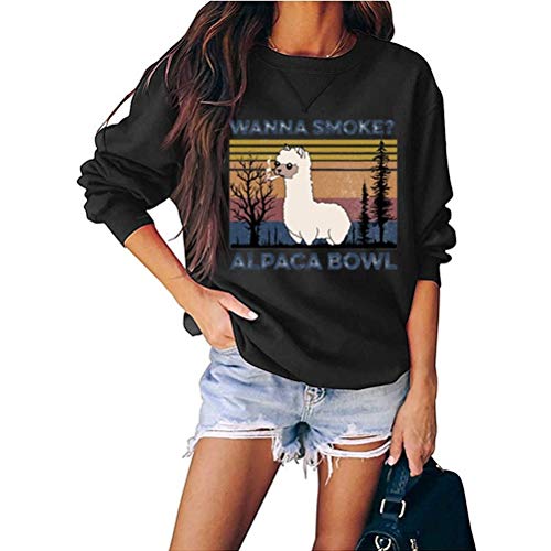 Women Wanna Smoke? Alpaca Bowl Vintage Graphic Shirt Casual Long Sleeve Sweatershirt