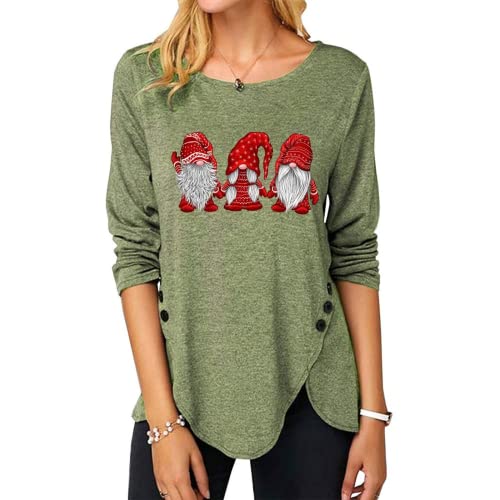 Women Women Christmas Gnomies Fashion Top Irregular Button Long Sleeve Round Neck Shirt
