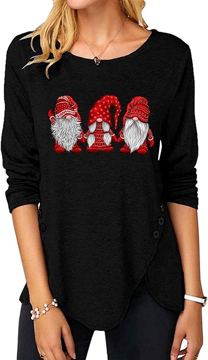 Women Women Christmas Gnomies Fashion Top Irregular Button Long Sleeve Round Neck Shirt