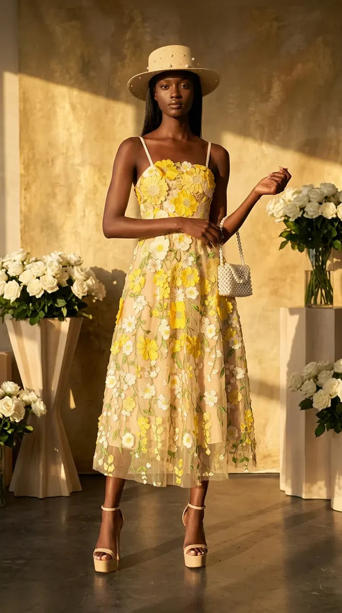 Woman in a yellow floral dress standing in a sunlit room with flowers around.