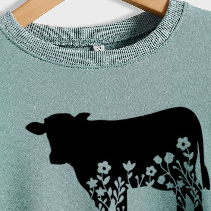 Women's Autumn and Winter Long-sleeved Shirt Flowers and Grass Cattle Print Round Neck Loose Sweater