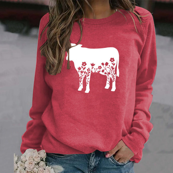 Women's Autumn and Winter Long-sleeved Shirt Flowers and Grass Cattle Print Round Neck Loose Sweater