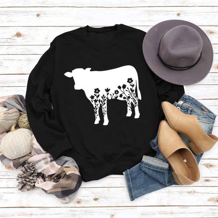 Women's Autumn and Winter Long-sleeved Shirt Flowers and Grass Cattle Print Round Neck Loose Sweater