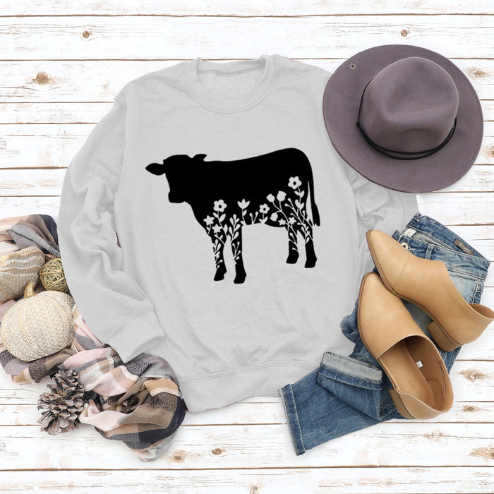 Women's Autumn and Winter Long-sleeved Shirt Flowers and Grass Cattle Print Round Neck Loose Sweater