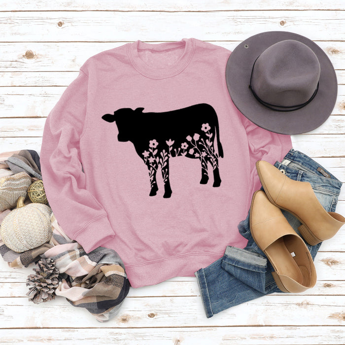 Women's Autumn and Winter Long-sleeved Shirt Flowers and Grass Cattle Print Round Neck Loose Sweater