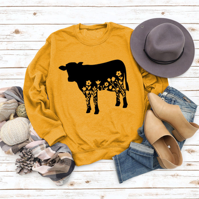 Women's Autumn and Winter Long-sleeved Shirt Flowers and Grass Cattle Print Round Neck Loose Sweater