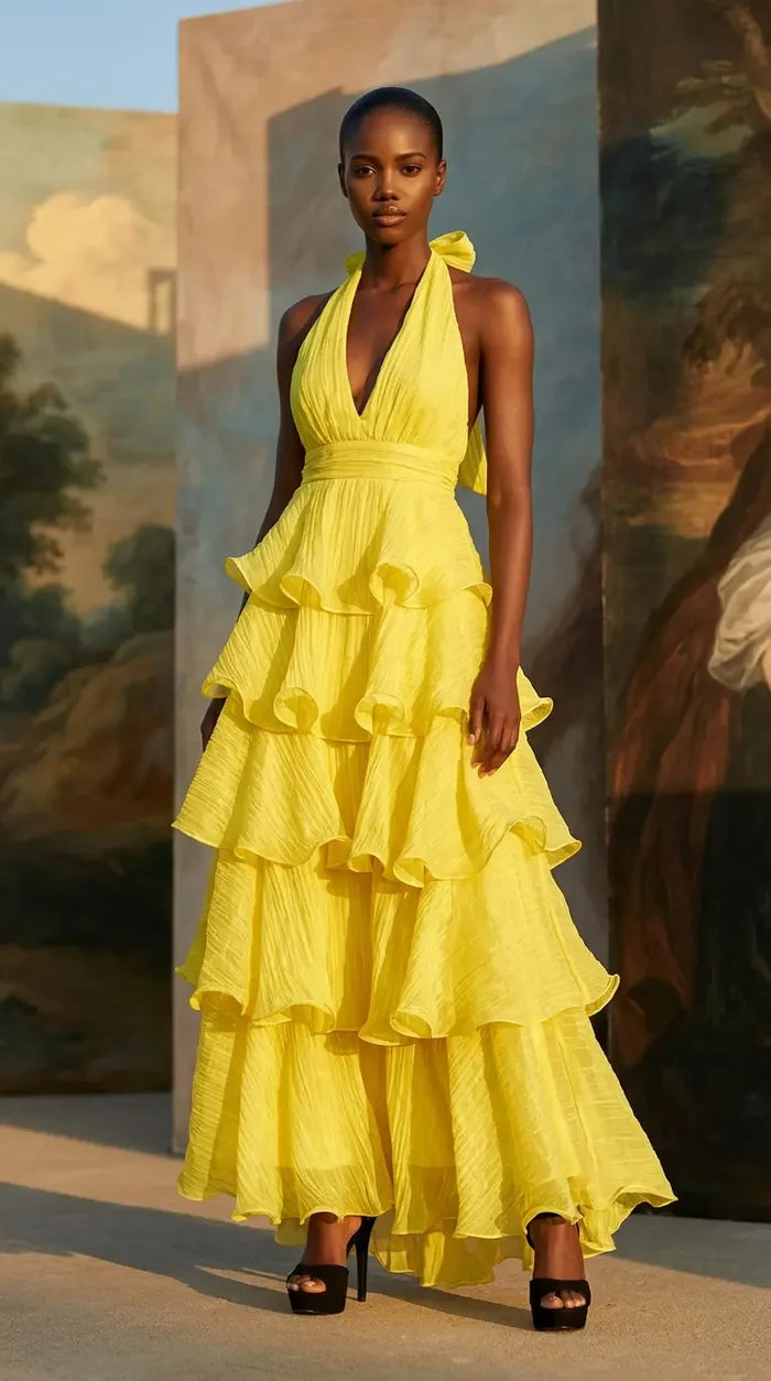 Woman wearing a yellow ruffled dress standing in front of an artistic background