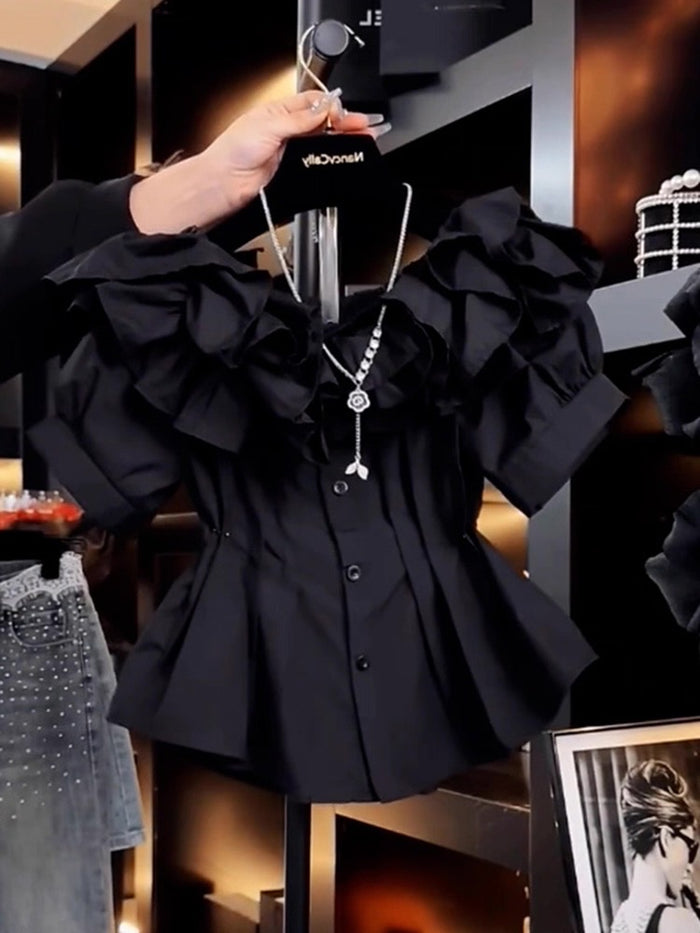 Women's Black Ruffled Blouse Canada | Dramatic Statement Top
