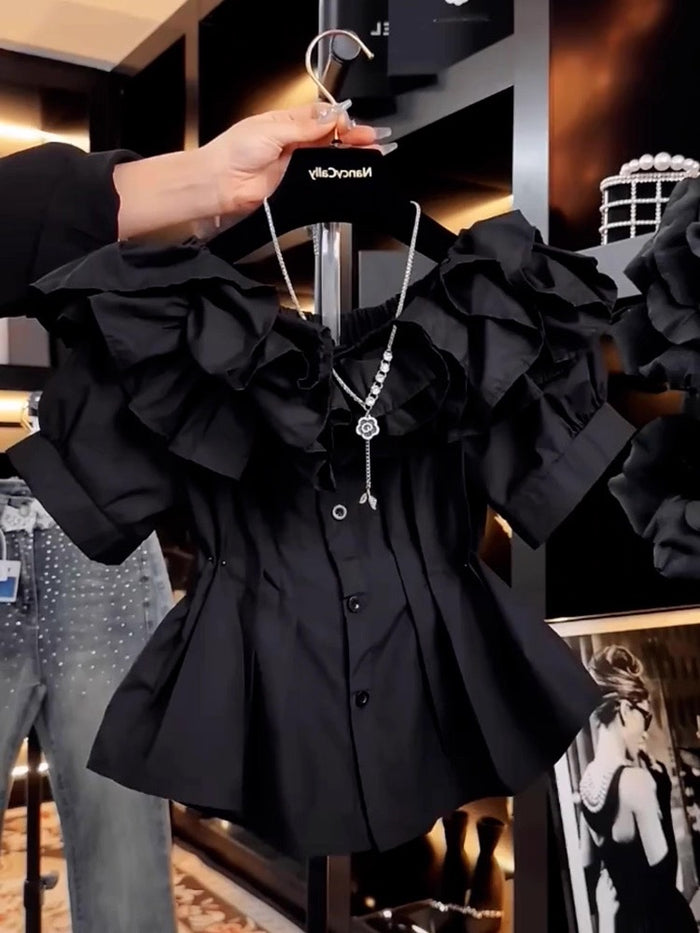 Women's Black Ruffled Blouse Canada | Dramatic Statement Top