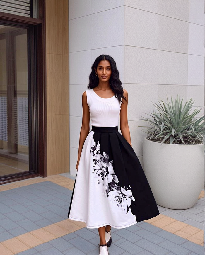 Women's Black & White Floral High-Waisted A-Line Skirt | Canada